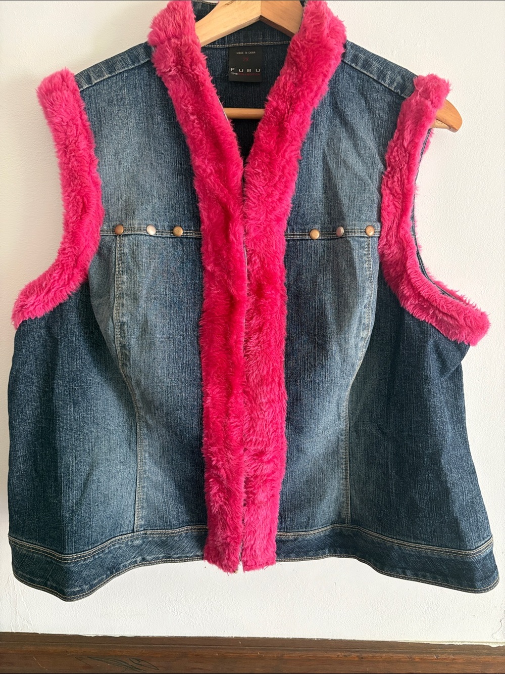 Fubu Womens  Vintage Denim Vest with Hot Pink Faux Fur Trim